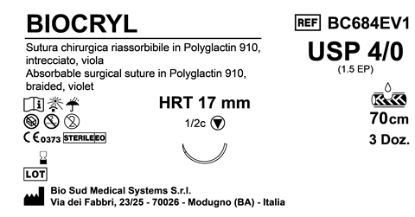 Sutura Biocryl HRT17 USP 4-0  - EP 1.5 70 cm Violet Box 36 pcs