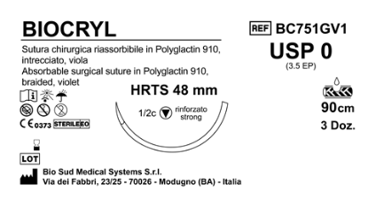 Sutura Biocryl HRTS48 USP 0 - EP 3.5 90 cm Violet Box 36 pcs