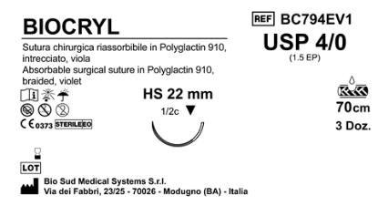 Sutura Biocryl HS 22 USP 4-0  - EP 1.5 70 cm Violet Box 36 pcs