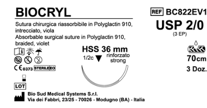 Sutura Biocryl HSS36 USP 2-0 - EP 3 70 cm Violet Box 36 pcs