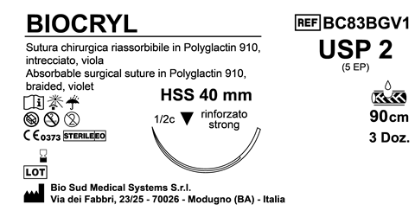 Sutura Biocryl HSS40 USP 2 - EP 5 90 cm Violet Box 36 pcs