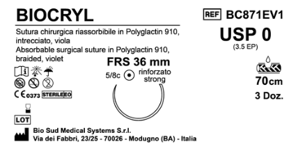 Sutura Biocryl FRS36 USP 0 - EP 3.5 70 cm Violet Box 36 pcs
