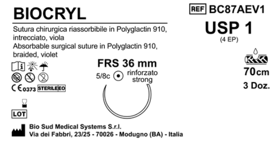 Sutura Biocryl FRS36 USP 1 - EP 4 70 cm Violet Box 36 pcs