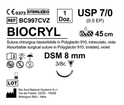 Sutura Biocryl DSM 8 USP 7-0 - EP 0.5 45 cm Violet Box 12 pcs