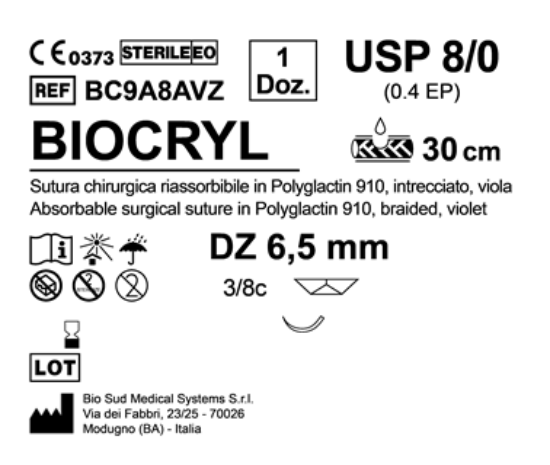 Sutura Biocryl DZ 6.5 USP 8-0 - EP 0.4 30 cm Violet Box 12 pcs