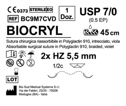 Sutura Biocryl HZ 5.5 USP 7-0 - EP 0.5 45 cm Violet Double Armed  N.12 Bs. per Box