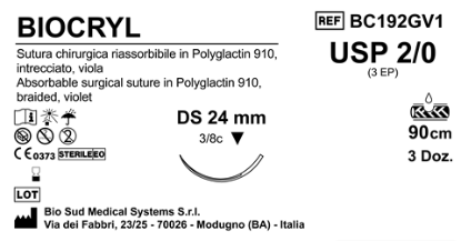 Sutura Biocryl DS24 USP 2-0 - EP 3 90 cm Violet Box 36 pcs