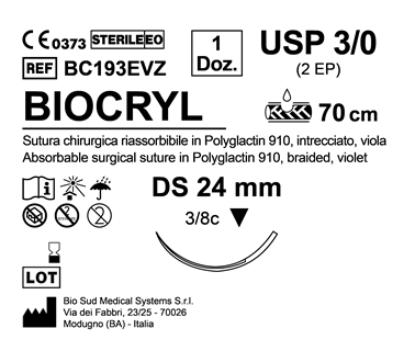Sutura Biocryl DS 24 USP 3-0 - EP 2 70 cm Violet Box 12 pcs