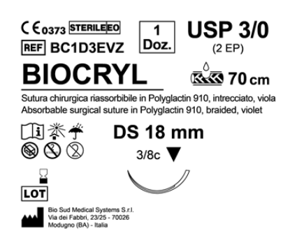 Sutura Biocryl DS 18 USP 3-0 - EP 2 70 cm Violet Box 12 pcs