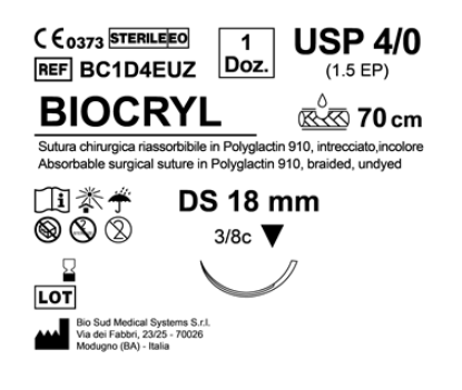 Sutura Biocryl DS 18 USP 4-0  - EP 1.5 70 cm Undyed Box 12 pcs