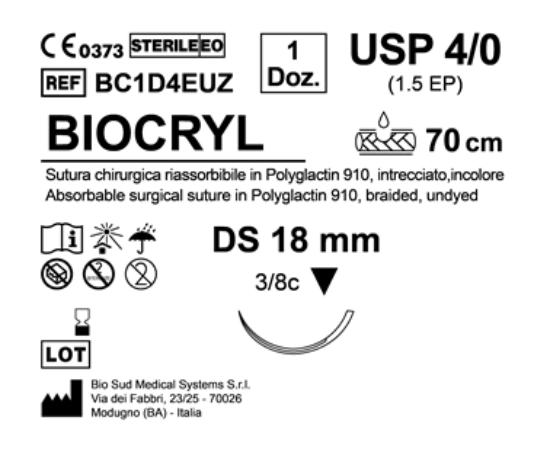 Sutura Biocryl DS 18 USP 4-0  - EP 1.5 70 cm Undyed Box 12 pcs
