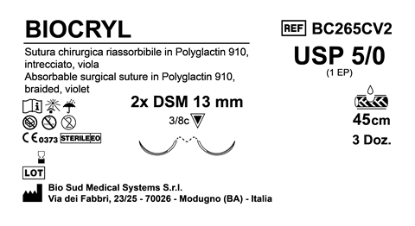 Sutura Biocryl DSM 13 USP 5-0 - EP 1 45 cm Violet Double Armed  Box 36 pcs