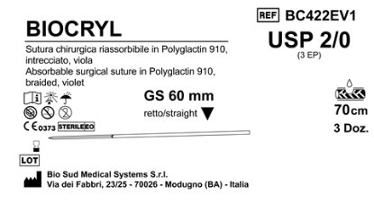 Sutura Biocryl GS60 USP 2-0 - EP 3 70 cm Violet Box 36 pcs