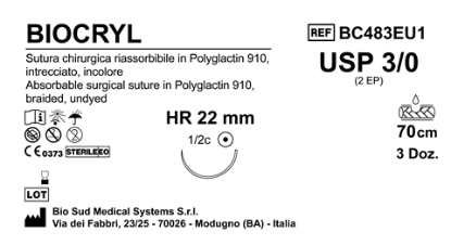 Sutura Biocryl HR22 USP 3-0 - EP 2 70 cm Undyed Box 36 pcs