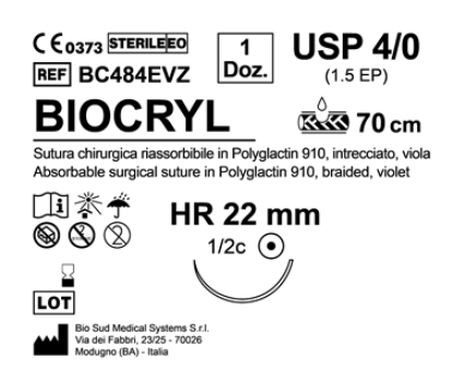 Sutura Biocryl HR 22 USP 4-0  - EP 1.5 70 cm Violet Box 12 pcs