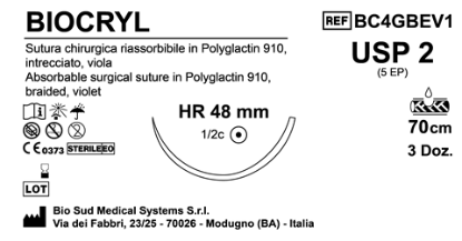 Sutura Biocryl HR 48 USP 2 - EP 5 70 cm Violet Box 36 pcs