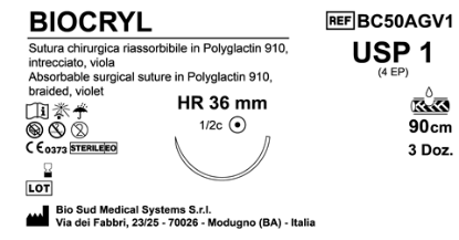 Sutura Biocryl HR36 USP 1 - EP 4 90 cm Violet Box 36 pcs