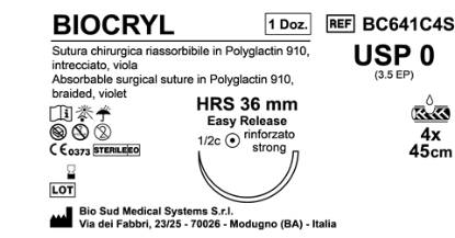 Sutura Biocryl HRS 36 USP 0 - EP 3.5 45 cm 4 Threads Violet Easy Release Box 12pcs