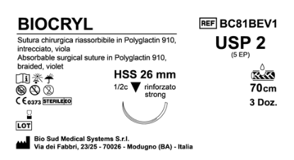 Sutura Biocryl HSS26 USP 2 - EP 5 70 cm Violet Box 36 pcs