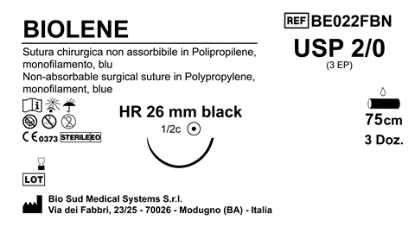 Sutura Biolene HR26 USP 2-0 - EP 3 75 cm Blue Black Needle  Box 36 pcs