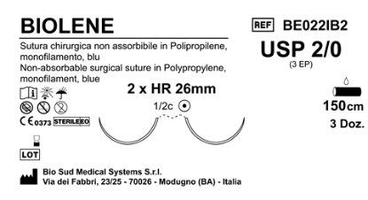 Sutura Biolene HR26 USP 2-0 - EP 3 150 cm Blue Double Armed  Box 36 pcs