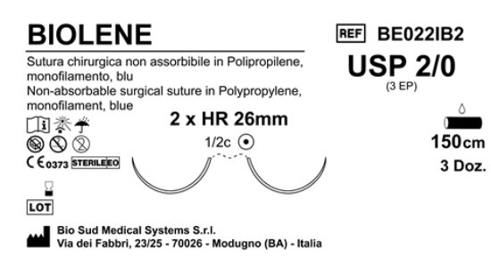 Sutura Biolene HR26 USP 2-0 - EP 3 150 cm Blue Double Armed  Box 36 pcs