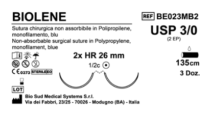 Sutura Biolene HR26 USP 3-0 - EP 2 135 cm Blue Double Armed  Box 36 pcs