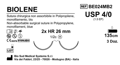 Sutura Biolene HR26 USP 4-0  - EP 1.5 135 cm Blue Double Armed  Box 36 pcs