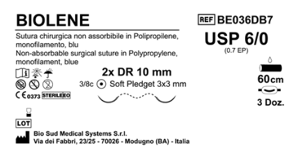 Sutura Biolene DR 10 USP 6-0 - EP 0.7 60 cm Blue Doub.Arm.;Pled. Soft 3x3;Box36