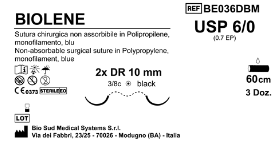 Sutura Biolene DR 10 USP 6-0 - EP 0.7 60 cm Blue Doub.Arm. Black Needle Box 36 pcs