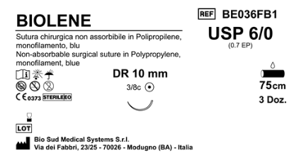Sutura Biolene DR10 USP 6-0 - EP 0.7 75 cm Blue Box 36 pcs