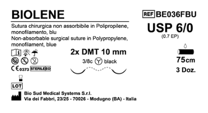 Sutura Biolene DMT10 USP 6-0 - EP 0.7 75 cm Blue Doppio MicroTapercut Black
