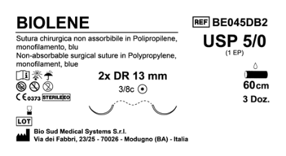Sutura Biolene DR13 USP 5-0 - EP 1 60 cm Blue Double Armed  Box 36 pcs