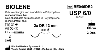 Sutura Biolene DR13 USP 6-0 - EP 0.7 60 cm Blue Double Armed  Box 36 pcs