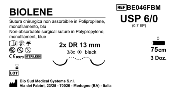 Sutura Biolene DR13 USP 6-0 - EP 0.7 75 cm Blue Doub.Arm. Black Needle  Box 36 pcs