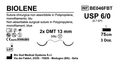 Sutura Biolene DMT13 USP 6-0 - EP 0.7 75 cm Blue Double Needle MicroTapercut  Box 36 pcs