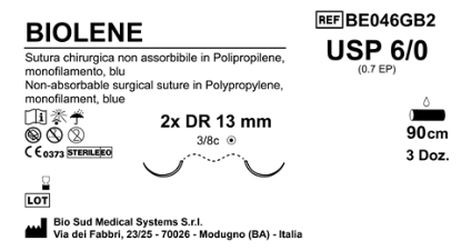 Sutura Biolene DR13 USP 6-0 - EP 0.7 90 cm Blue Double Armed  Box 36 pcs