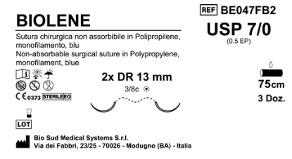 Sutura Biolene DR13 USP 7-0 - EP 0.5 75 cm Blue Double Armed  Box 36 pcs