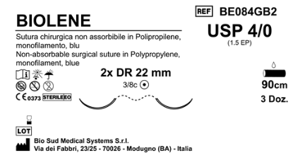 Sutura Biolene DR22 USP 4-0  - EP 1.5 90 cm Blue Double Armed  Box 36 pcs