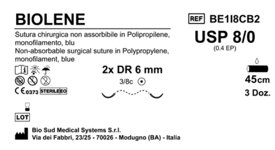 Sutura Biolene DR6 USP 8-0 - EP 0.4 45 cm Blue Double Armed  Box 36 pcs