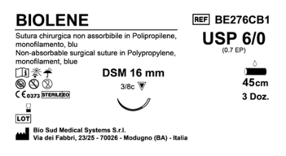 Sutura Biolene DSM16 USP 6-0 - EP 0.7 45 cm Blue Box 36 pcs