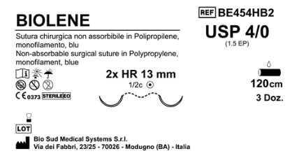 Sutura Biolene HR 13 USP 4-0  - EP 1.5 120 cm Blue Double Armed  Box 36 pcs