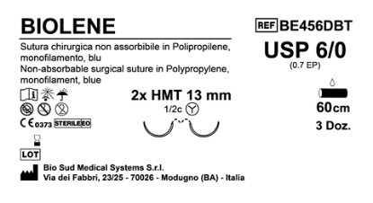 Sutura Biolene HMT13 USP 6-0 - EP 0.7 60 cm Blue Double Needle MicroTapercut  Box 36 pcs