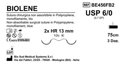 Sutura Biolene HR13 USP 6-0 - EP 0.7 75 cm Blue Double Armed  Box 36 pcs