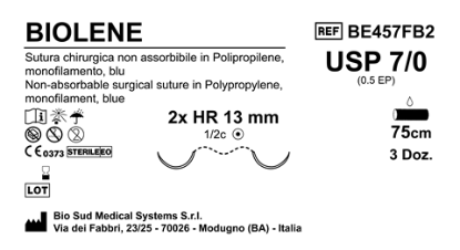 Sutura Biolene HR13 USP 7-0 - EP 0.5 75 cm Blue Double Armed  Box 36 pcs