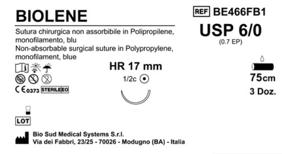 Sutura Biolene HR 17 USP 6-0 - EP 0.7 75 cm Blue Box 36 pcs