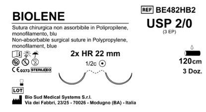 Sutura Biolene HR22 USP 2-0 - EP 3 120 cm Blue Double Armed  Box 36 pcs