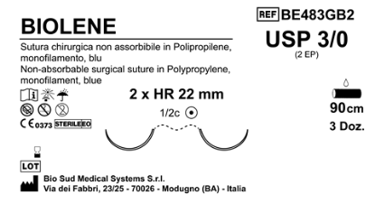 Sutura Biolene HR22 USP 3-0 - EP 2 90 cm Blue Double Armed  Box 36 pcs