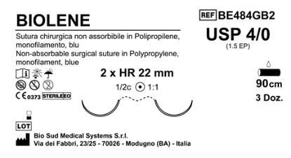 Sutura Biolene HR22 USP 4-0  - EP 1.5 90 cm Blue Double Armed  Box 36 pcs
