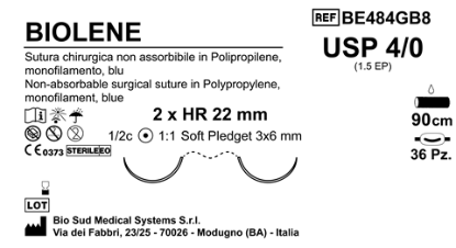 Sutura Biolene HR 22 USP 4-0  - EP 1.5 90 cm Blue Doub.Arm. Pled. Soft 3x6 Box 36
